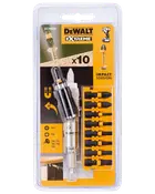 DeWalt Extreme Impact Torsion skruetrækkersæt med 10 forskellige bits og magnetisk bitholder, egnet til forskellige skruehoveder, leveres i gennemsigtig plastemballage.