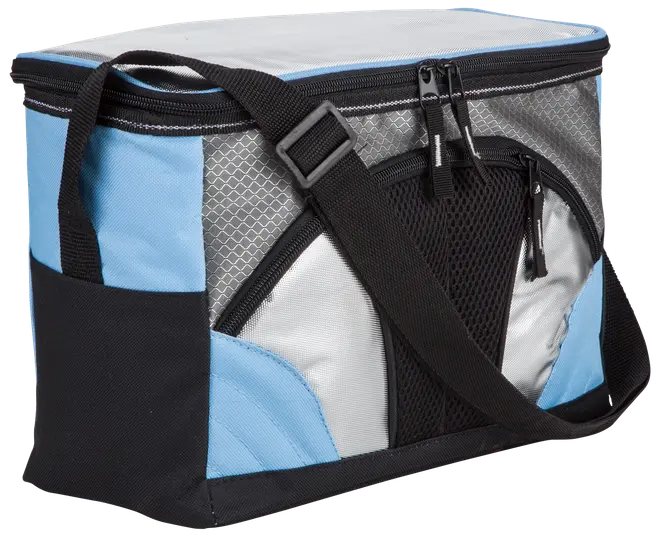 Mjuk kylväska med justerbar axelrem, dragkedja, framficka i nät och sidofickor. Blå, svart och grå paneler. Perfekt för att hålla mat och dryck kall.