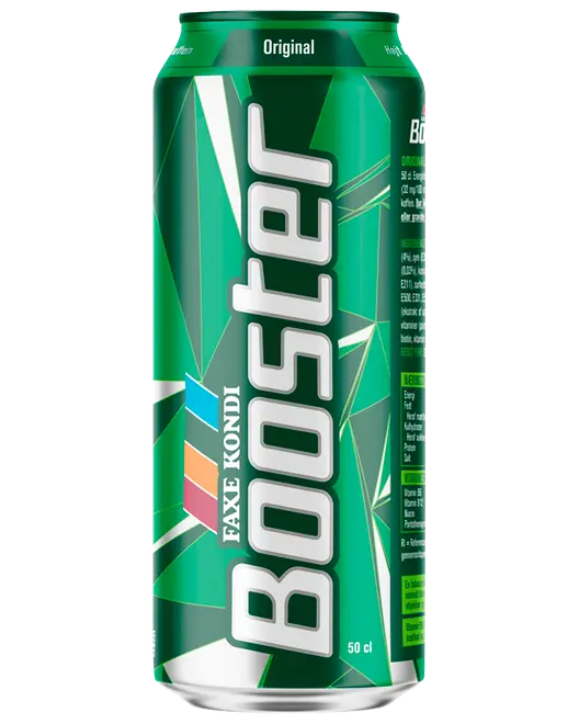 Grøn 50 cl Faxe Kondi Boost Original energidrikdåse med geometrisk design og lodret sølvtekst.
