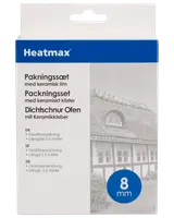 Heatmax packningsset med keramisk klister, innehåller 2,5 meter 8 mm glasfiberpackning för ugnar. Förpackad i blåvit ask.