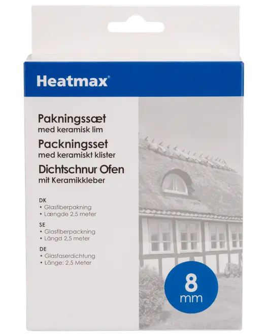 Heatmax packningsset med keramisk klister, innehåller 2,5 meter 8 mm glasfiberpackning för ugnar. Förpackad i blåvit ask.