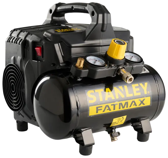 Stanley Fatmax bærbar kompressor i sort og gul med trykmålere, tænd/sluk-knap, solidt håndtag og gummifødder. Kompakt design til forskellige trykluftværktøjer.