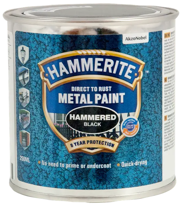 Hammerite Direct to Rust Metal Paint, hamret sort finish, 250 ml dåse. Hurtigtørrende, ingen grunding nødvendig, giver 8 års beskyttelse til metaloverflader.