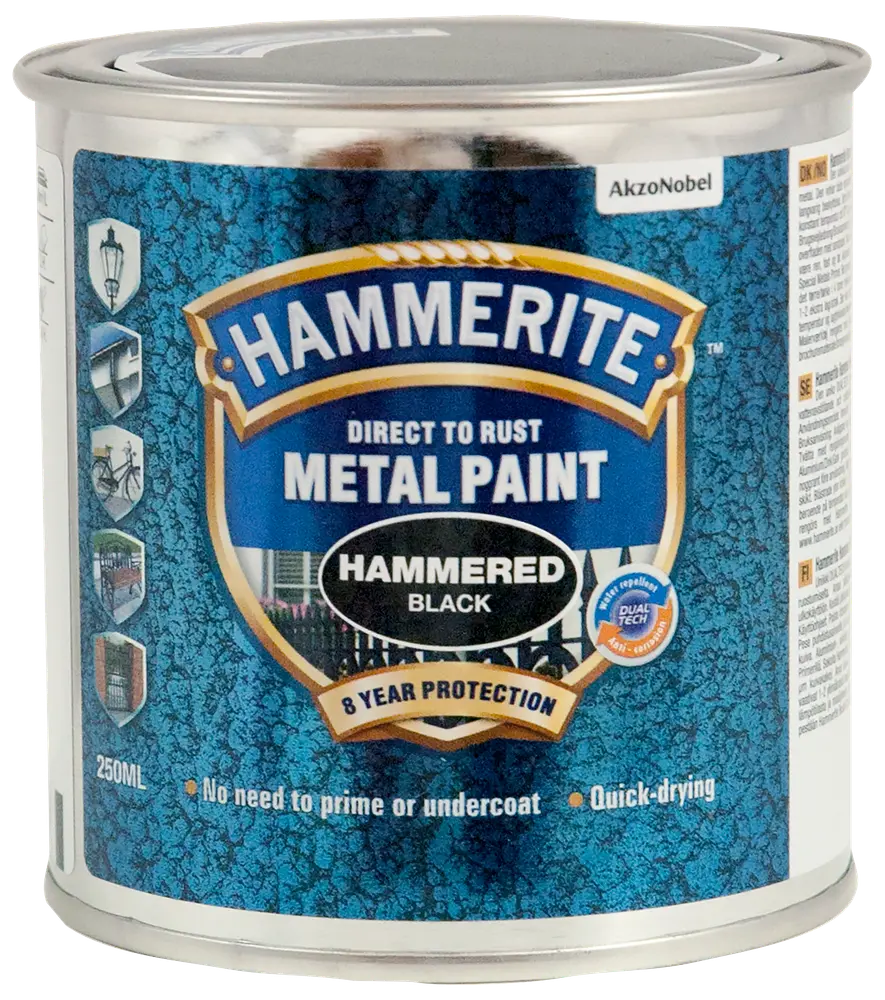 Hammerite Direct to Rust Metal Paint, hamret sort finish, 250 ml dåse. Hurtigtørrende, ingen grunding nødvendig, giver 8 års beskyttelse til metaloverflader.