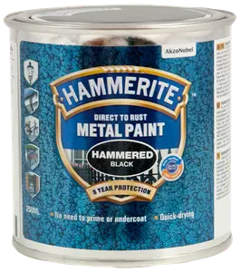 Hammerite Direct to Rust Metal Paint, hamret sort finish, 250 ml dåse. Hurtigtørrende, ingen grunding nødvendig, giver 8 års beskyttelse til metaloverflader.