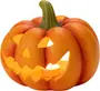 Orange udskåret græskar som halloween-lygte med jack-o'-lantern ansigt og plads til fyrfadslys.