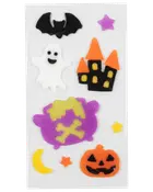 Sæt med Halloween-gelvinduesklistermærker med flagermus, spøgelse, hjemsøgt hus, gryde, græskar, stjerner og halvmåne i sort, hvid, orange, lilla og gul.