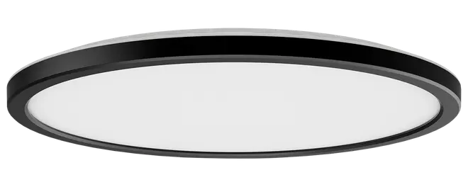 Moderne rund LED-loftlampe med slank sort ramme og bred hvid diffuser. Monteres fladt mod loftet og giver jævn, klar belysning til stue, kontor eller gang.