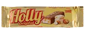 Guldindpakket Holly Original-chokoladebar med nougatfyld, nøddebit og Tom's branding.