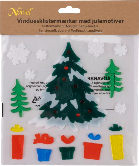 Sæt vinduesklistermærker med julemotiver, herunder et stort pyntet juletræ, to mindre træer, snefnug og farverige gaver. Lavet af gel-lignende materiale til nem påsætning.