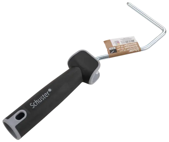 Malerrullehåndtag med ergonomisk sort og grå greb, metalramme og ophængshul. Passer til rullebetræk til maling. Schuster mærke trykt på håndtaget.