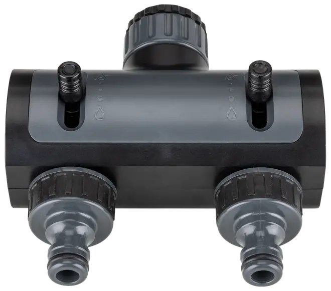 Havefordeler med to udgange, justerbare vandstrømskontroller, robust plastkonstruktion, gevindforbindelser for sikker montering og drejeknapper til regulering af vandstrømmen til hver udgang.