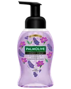 Palmolive Luxury Foam handtvål med lavendel- och viol-doft, genomskinlig pumpflaska med lila blommor. Räcker till upp till 200 tvättar. Skummande formula.