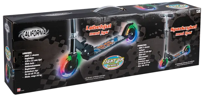 Børneløbehjul med kromfinish, justerbart styr, sammenklappeligt design og hjul med lys. Egnet til 5+ år, maks. vægt 50 kg. Farverige motiver på dæk.