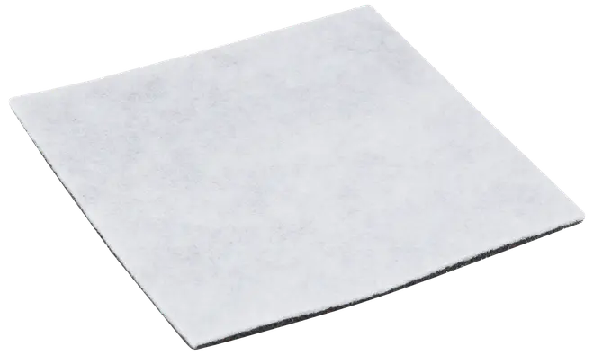 Vitt, fyrkantigt, tunt och mjukt nonwoven-tyg. Passar för rengöring, avtorkning eller som filter. Raka kanter och något rundade hörn.