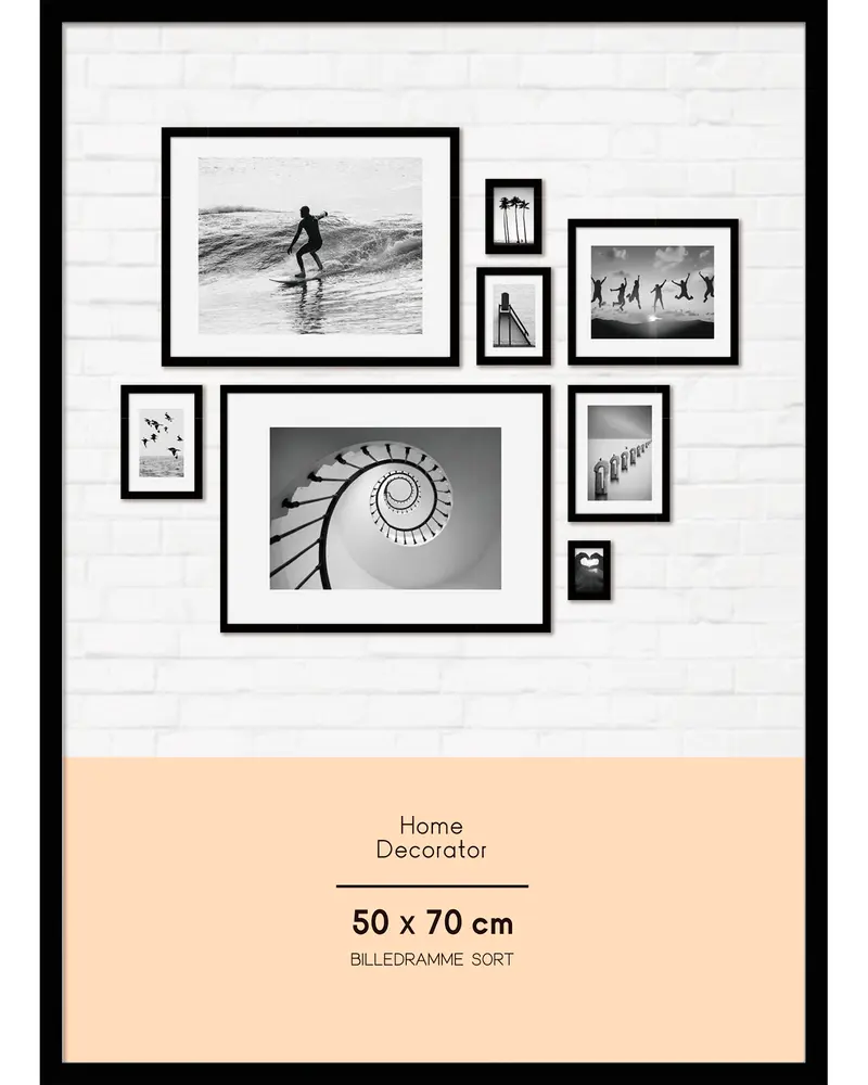 Svart fotoram, 50 x 70 cm, passar för väggkonst eller foton. Modern design med tunn kant, perfekt för heminredning. Endast ram, bilder ingår ej.