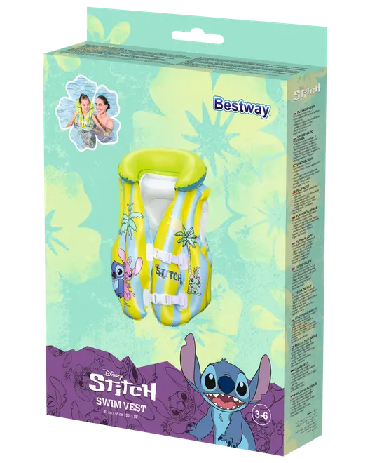Barnsimväst med Disney Stitch-motiv, gul och grön, justerbara spännen, passar ålder 3-6 år, från Bestway. Ger flytkraft och säkerhet vid simning.