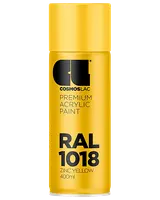 400 ml spraydåse med Cosmoslac premium akrylmaling i RAL 1018 zinkgul. Klar gul farve, velegnet til forskellige overflader, blank finish og nem påføring.