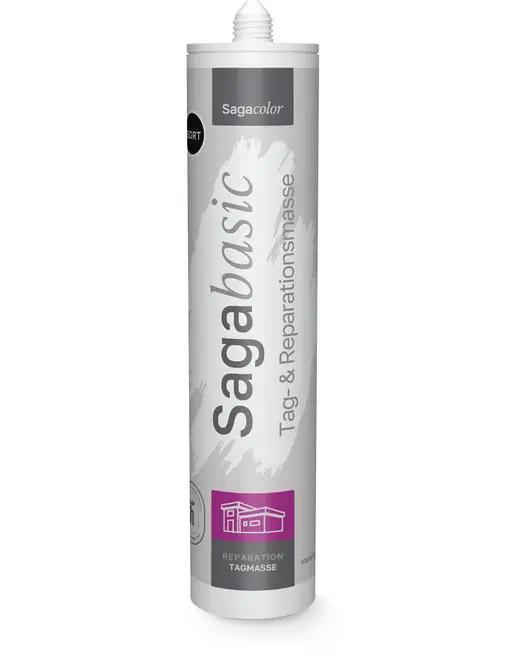 Sagabasic tag- og reparationsmasse i cylinderpatron med dyse. Velegnet til tagreparation og tætning, tydeligt mærket med produktnavn og anvendelsesikoner.