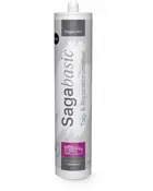 Sagabasic tag- og reparationsmasse i cylinderpatron med dyse. Velegnet til tagreparation og tætning, tydeligt mærket med produktnavn og anvendelsesikoner.