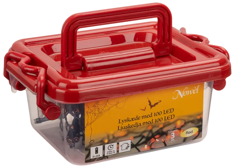 Plastförvaringslåda med rött lock och handtag, innehåller en ljusslinga med 100 LED. Passar för inomhusbruk, batteridriven, produktinformation på framsidan.
