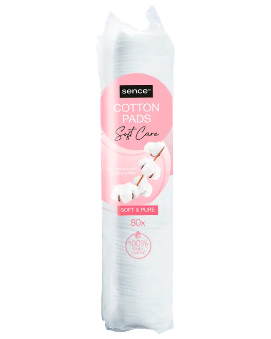 Pakke med 80 Sence Soft Care vatrondeller, 100% ren bomuld, bløde og skånsomme mod huden, pakket i klar plastpose med lyserødt mærkat.