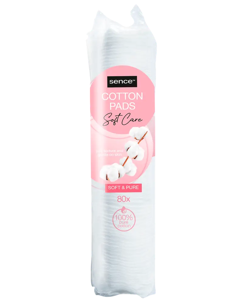 Förpackning med 80 Sence Soft Care bomullsrondeller, 100% ren bomull, mjuka och skonsamma mot huden, i genomskinlig plastpåse med rosa etikett.