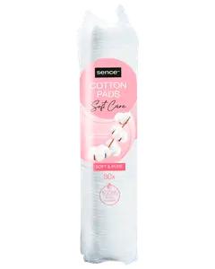 Förpackning med 80 Sence Soft Care bomullsrondeller, 100% ren bomull, mjuka och skonsamma mot huden, i genomskinlig plastpåse med rosa etikett.