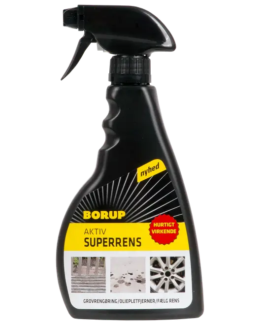 Borup Aktiv Superrens rengøringsspray i sort sprayflaske, til grovrengøring, oliepletfjerning og fælg rens. Gul etiket med produktbilleder og instruktioner.