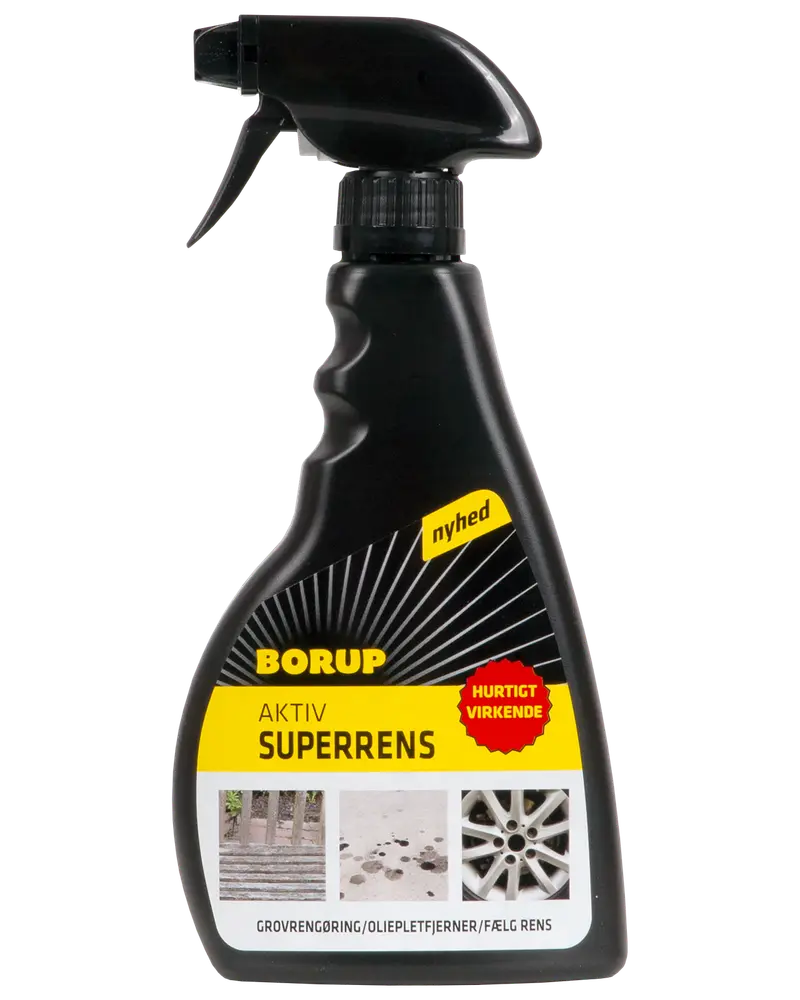 Borup Aktiv Superrens rengøringsspray i sort sprayflaske, til grovrengøring, oliepletfjerning og fælg rens. Gul etiket med produktbilleder og instruktioner.