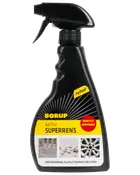 Borup Aktiv Superrens rengøringsspray i sort sprayflaske, til grovrengøring, oliepletfjerning og fælg rens. Gul etiket med produktbilleder og instruktioner.