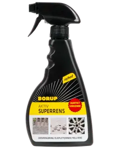 Borup Aktiv Superrens rengøringsspray i sort sprayflaske, til grovrengøring, oliepletfjerning og fælg rens. Gul etiket med produktbilleder og instruktioner.