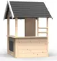 Trækiosk legehus med naturfinish, sort skråt tag, åbne vinduer, serveringsdisk og sidehylder. Velegnet til børns udendørs leg og fantasiaktiviteter.