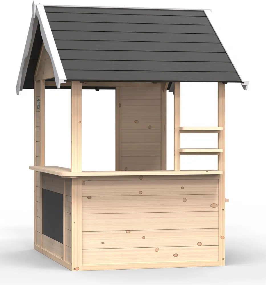 Trækiosk legehus med naturfinish, sort skråt tag, åbne vinduer, serveringsdisk og sidehylder. Velegnet til børns udendørs leg og fantasiaktiviteter.