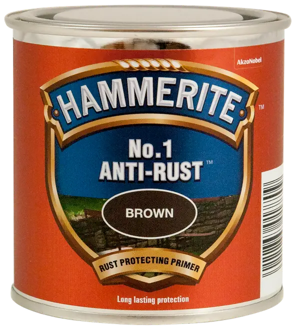 Hammerite No.1 Anti-Rust Primer i brun, metaldåse med blå og guld etiket, rustbeskyttende primer til langvarig beskyttelse, velegnet til metaloverflader.