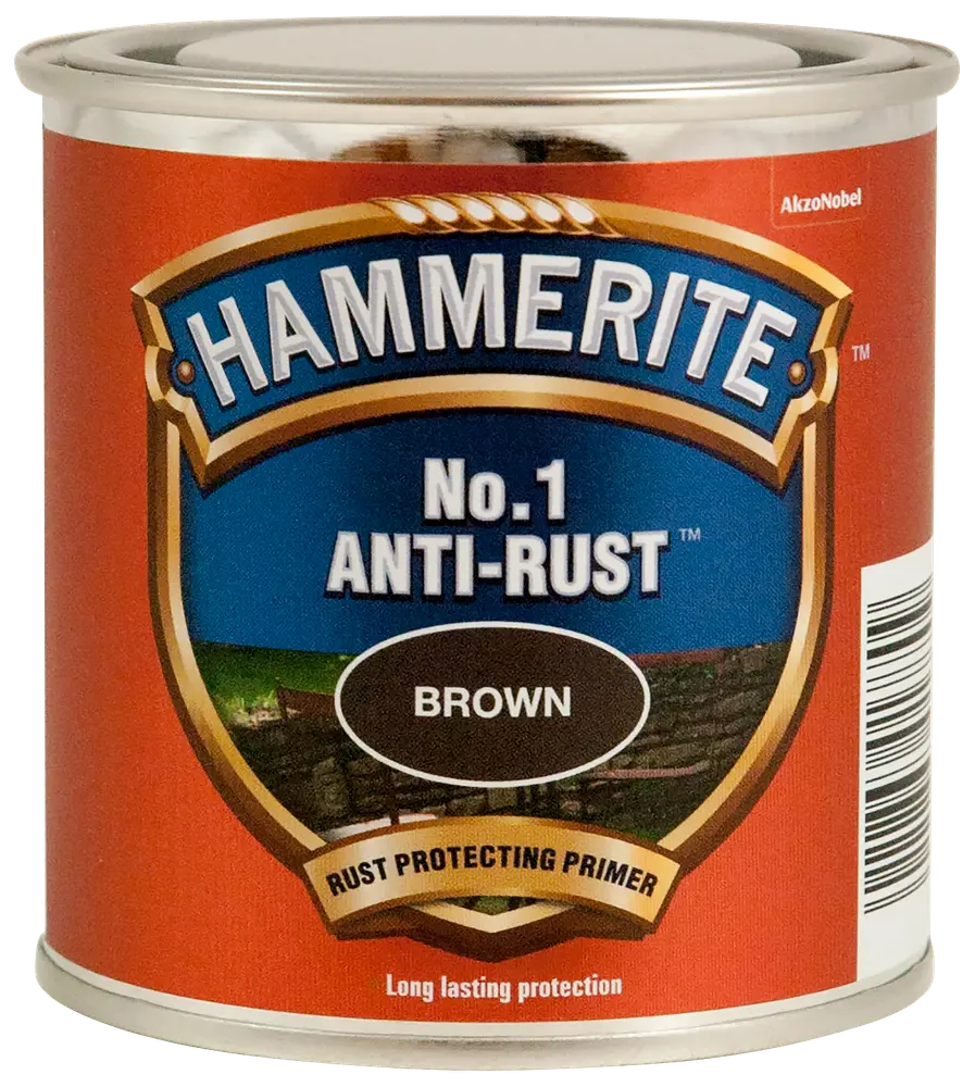 Hammerite No.1 Anti-Rust Primer i brun, metaldåse med blå og guld etiket, rustbeskyttende primer til langvarig beskyttelse, velegnet til metaloverflader.