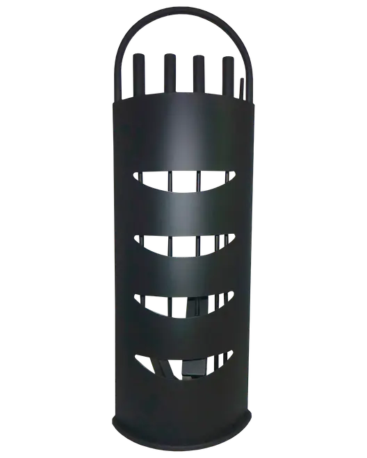 Sort cylindrisk paraplyholder i metal med udskårne horisontale åbninger og buet håndtag øverst. Moderne, minimalistisk design til entré eller kontor.