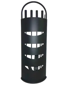 Svart cylindrisk paraplyställ i metall med horisontella utskärningar och böjt handtag upptill. Modern, minimalistisk design för hall eller kontor.