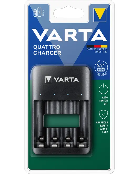 VARTA Quattro Charger-emballage med sort fire-slot oplader til AA- og AAA-genopladelige batterier, LED-indikatorer og automatisk slukning.