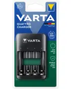 VARTA Quattro Charger-emballage med sort fire-slot oplader til AA- og AAA-genopladelige batterier, LED-indikatorer og automatisk slukning.