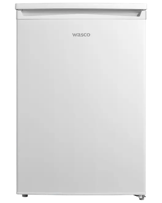 Kompakt hvid Wasco mini-køleskab med enkelt dør, indbygget håndtag og glat finish. Perfekt til små rum, kontorer eller kollegieværelser. Energibesparende og moderne design.