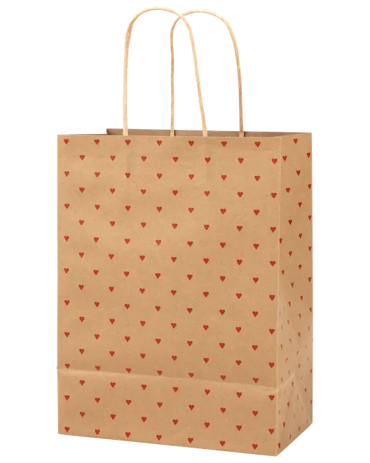 Brun papperspresentpåse med röda hjärtmönster, robusta tvinnade handtag, rektangulär form och rymlig insida. Perfekt för presenter, shopping eller festgåvor. Miljövänlig och återanvändbar.