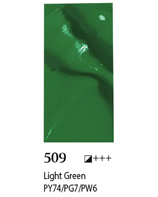 Grön färgprov med märkningen 509 Light Green och färgkoden PY74/PG7/PW6.