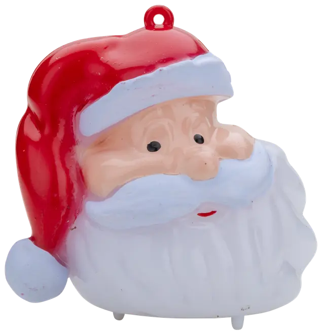 Julemandsornament med rød hat, hvidt skæg og lyserøde kinder. Lavet af plastik, har ophængsring øverst. Perfekt til juletræspynt eller festlig dekoration.