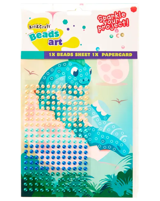Art & Craft Beads Art sæt med dinosaur papkort og farverige klæbende perler til dekoration. Indeholder én perleark og ét papkort, perfekt til kreative projekter.