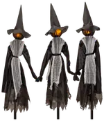 Sæt med tre Halloween-hekse med græskarhoveder, sorte spidse hatte, sorte kjoler og flossede hvide bånd, der holder hinanden i hånden. Perfekt til uhyggelig dekoration.
