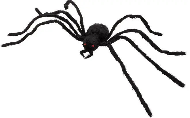 Stor svart spindeldekoration med päls, åtta böjbara ben och två röda ögon. Perfekt för Halloween eller fest, lätt och realistisk för inomhus- eller utomhusbruk.