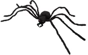 Stor svart spindeldekoration med päls, åtta böjbara ben och två röda ögon. Perfekt för Halloween eller fest, lätt och realistisk för inomhus- eller utomhusbruk.