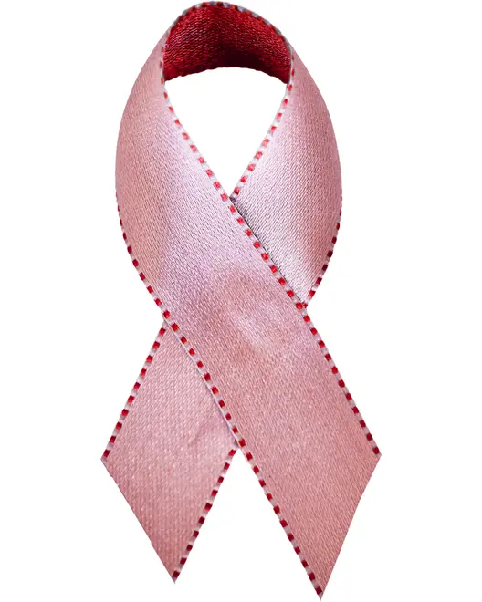 Lys pink satin awareness-sløjfe med røde syede kanter, formet i klassisk awareness-loop. Glat tekstur, velegnet til at sætte på tøj til støtte eller indsamlingsarrangementer.