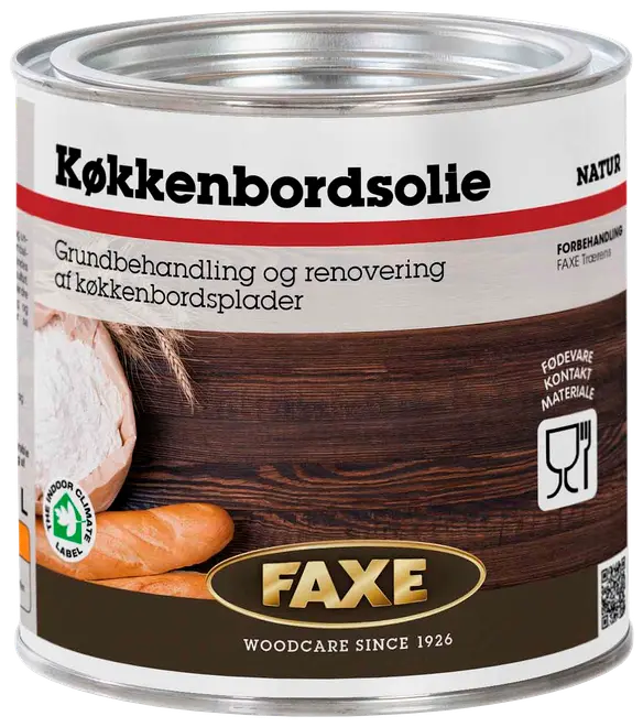 FAXE Køkkenbordsolie, natur, til grundbehandling og renovering af køkkenbordplader i træ. Fødevarekontakt godkendt. Metal dåse med dansk tekst, træpleje siden 1926.
